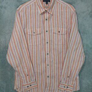 Banana Republic Shirt Mens Large Orange Striped Linen Long Sleeve Button Up